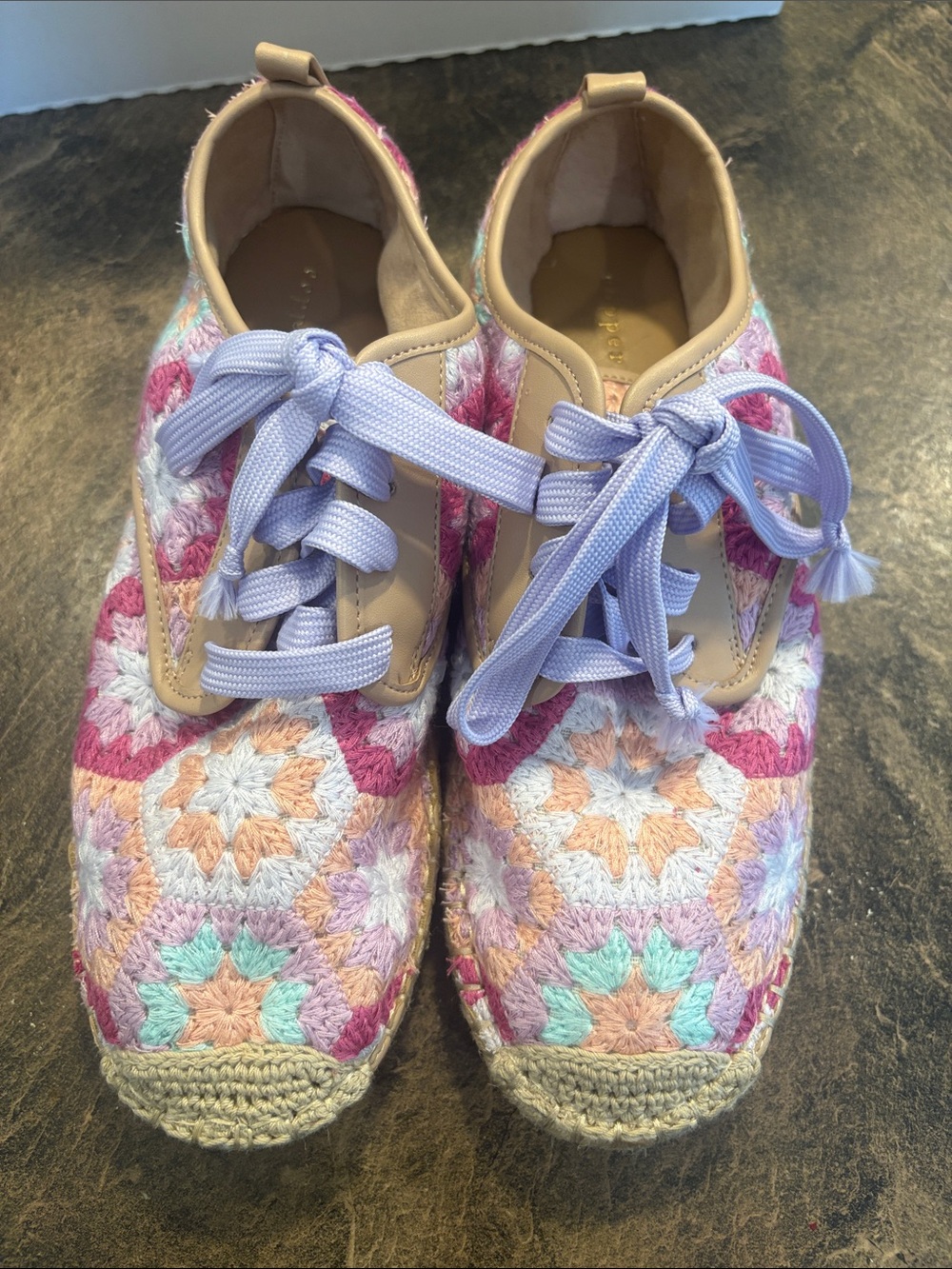 Copper Key Pastel Crochet Lace-Up Espadrilles with Lavender Laces